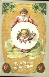 Two boys, one popping out of with circle holding flowers Postcard