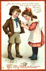 A girl sewing a button onto a boy's jacket Children Postcard Postcard