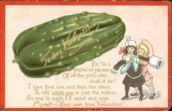 Big green pickle; girl with white muff, boy in pink outfit Postcard