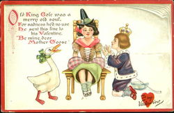 Mother Goose on a Chair with King Cole Kneeling Beside Her Postcard