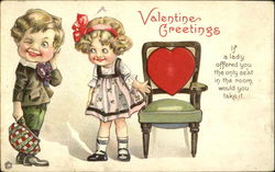 Cartoon boy and girl with chair Comic Postcard Postcard