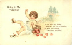 Rollerskating Cupid Spill Basket Of Hearts In Meadow Postcard