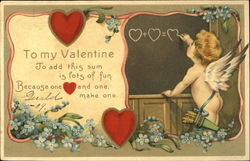 Cupid drawing hearts on blackboard Postcard