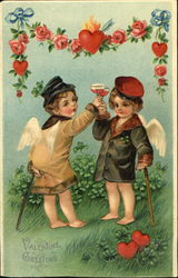 Cupid boy and girl dressed in jackets, making toast Postcard