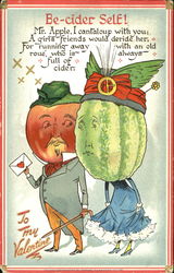 Man with red apple head, woman with green cantaloupe head Fantasy Postcard Postcard