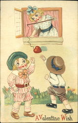 Girl holding fishing pole with heart, two boys outside Postcard