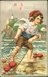 Fisherman Cupid Pulling a Fishing Net From the Water Postcard