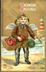 Cupid with basket of hearts, fishing pole, lighthouse Postcard