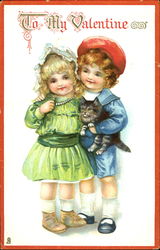 Young boy and girl with gray kitten Postcard