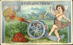 Cupid Shooting Heart Out of a Cannon Postcard