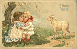 Kissing boy and girl with lamb With Children Postcard Postcard