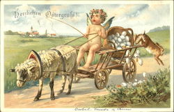 A cupid driving a cart which is pulled by a lamb as rabit jumps from the back With Children Postcard Postcard