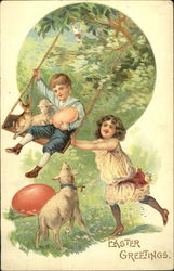 Girl pushing boy, lamb, and bunny on a swing With Children Postcard Postcard