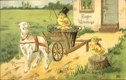 Two Chicks and A Lamb Pulling a Cart of Easter Eggs With Chicks Postcard Postcard