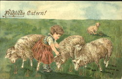 Lambs and a girl With Lambs Postcard Postcard