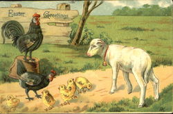 Two Chickens, a Lamb, and Five Little Chicks With Chicks Postcard Postcard