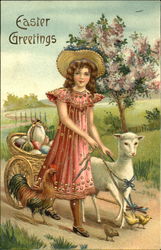 Girl leading a lamb, chicks, rooster and easter egg cart With Chicks Postcard Postcard