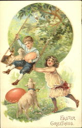 Children on Swing with Lambs and Bunny Postcard