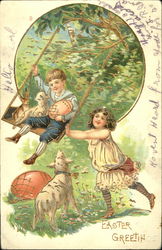 Girl Pushing a Boy on a Swing With Children Postcard Postcard