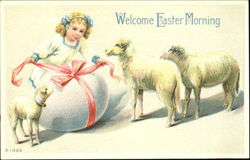 Pretty girl with lambs and an huge Easter egg With Children Postcard Postcard