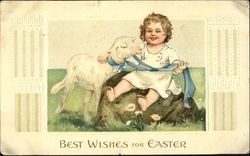 Child holding blue ribbon tied to lamb Postcard