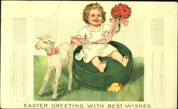 Child on upside down green barrel, holding flowers, next to lamb & chick Postcard