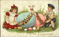 Boy, Girl, and Lamb with Eggs With Children Postcard Postcard