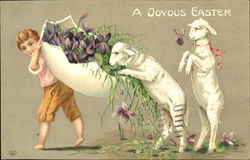 Boy carrying 1/2 egg with flowers, two lambs Postcard