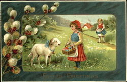 Girls with Lamb With Children Postcard Postcard