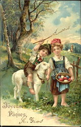 Boy and Girl with Lamb With Children Postcard Postcard