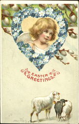 Cupid looking from a blue flowered heart at lambs With Lambs Postcard Postcard