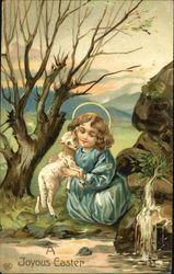 Little Girl Holding a Lamb With Children Postcard Postcard