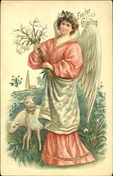 Angel holding lilies on hillside with two lambs With Angels Postcard Postcard