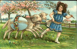 Girl with 2 lambs carrying blue egg Postcard