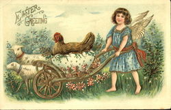 Angel child pushing eggshell cart with hen and sheep With Angels Postcard Postcard