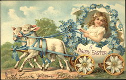 Little girl riding a carriage being pulled by lambs Postcard