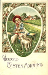 Girl with three lambs and eggs Postcard