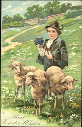 Young boy holding flowers with sheep Postcard