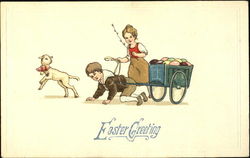 Boy pulling cart of colored eggs, girl holding reins, lamb dancing Postcard