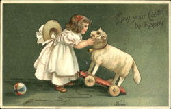 Girl with lamb on wheels Postcard