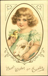 Pretty girl with chick and lamb With Children Postcard Postcard