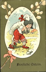 Boy in red shorts carrying lamb Postcard