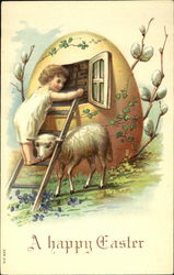 Child climbing ladder into egg, lamb, pussy willows Postcard