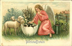 Angel and Lambs with Flowers in Egg With Angels Postcard Postcard