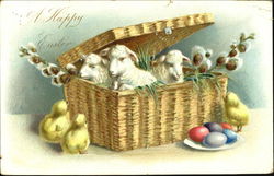 Three lambs in basket with pussy willows, 3 chicks, egs Postcard