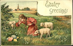 Girl With Three Sheep in Pasture With Children Postcard Postcard