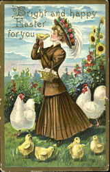 Woman with Egg Basket and Chicks With Chicks Postcard Postcard