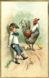 Boy with stolen eggs hiding from rooster With Children Postcard Postcard