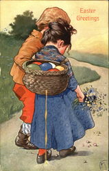 Children Carrying Eggs in Basket With Children Postcard Postcard