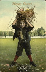 Little Boy Holding an Easter Basket on His Head Postcard